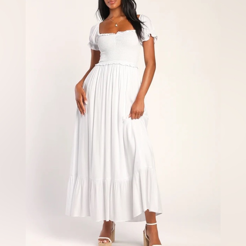 Lulu’s White Smocked Puff Sleeve Maxi Dress